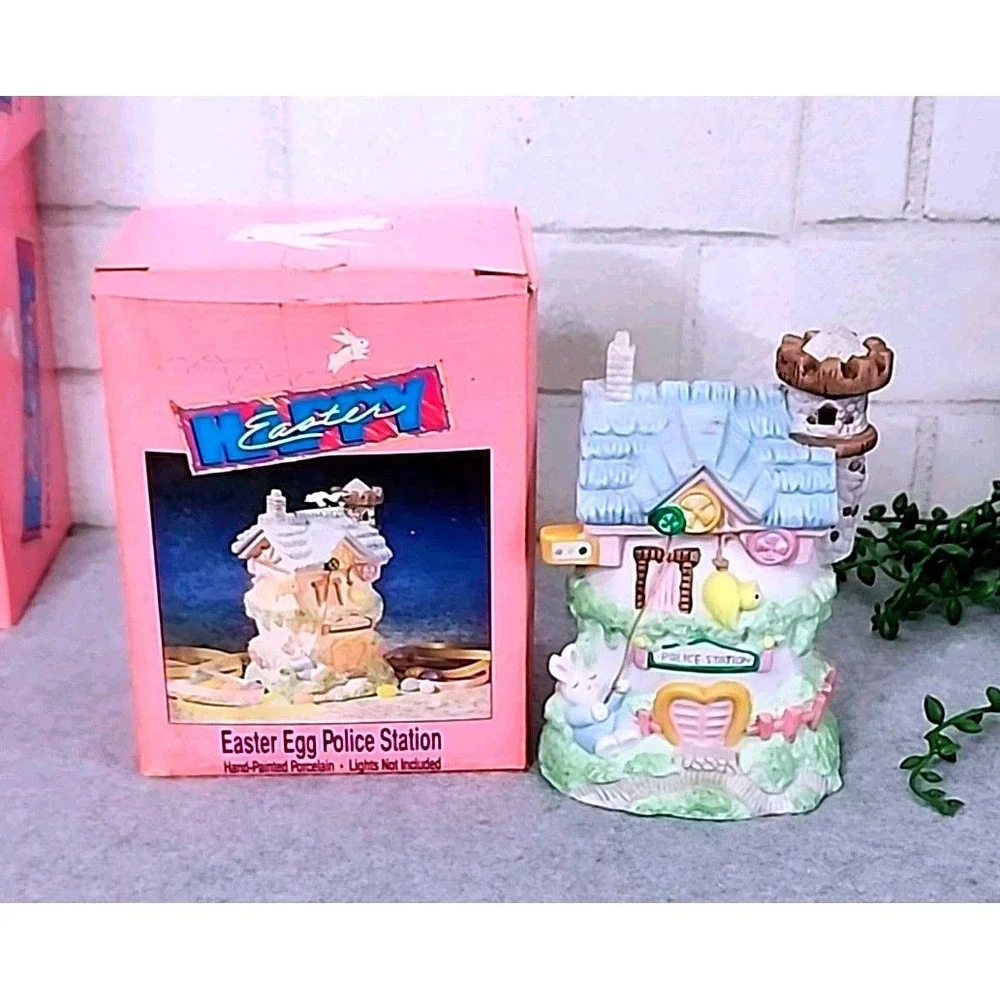 Easter Egg Village Porcelain Buildings Grocery Hotel Police Station‎ 4 Pc Set